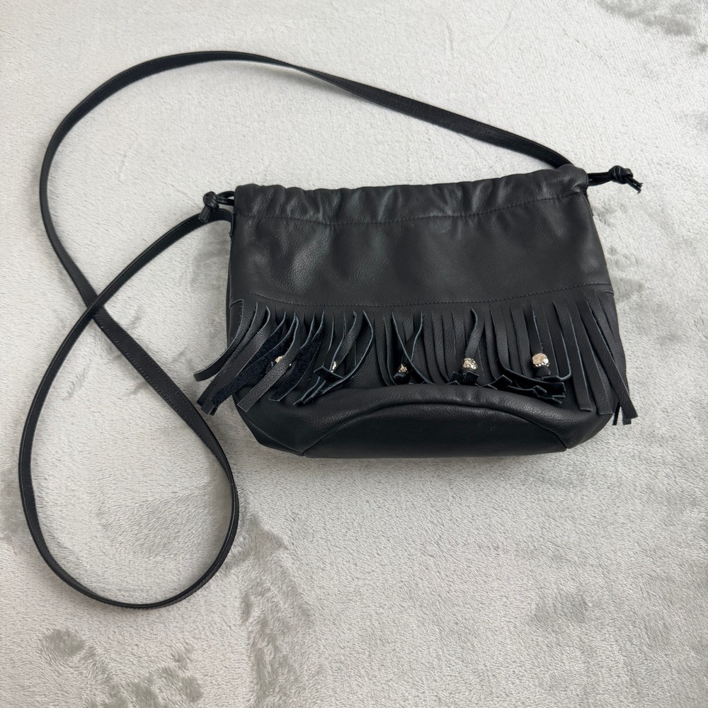 Black Genuine Leather Fringe Crossbody Bag Studded Boho Festival Pouch Small